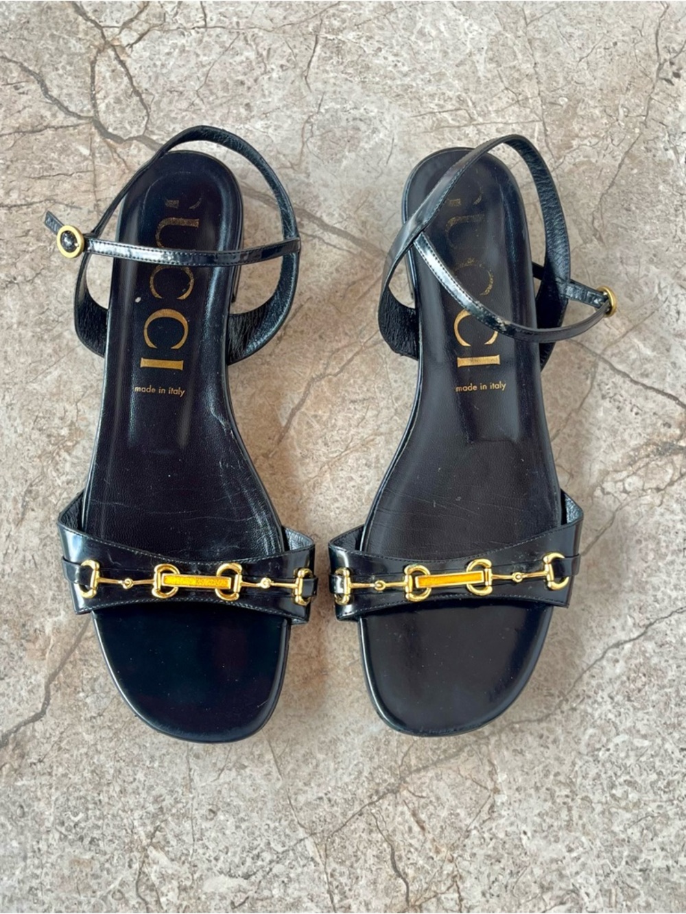 Gucci Horsebit Black Patent Leather Ankle Strap Flat Sandals - Picture 4 of 8